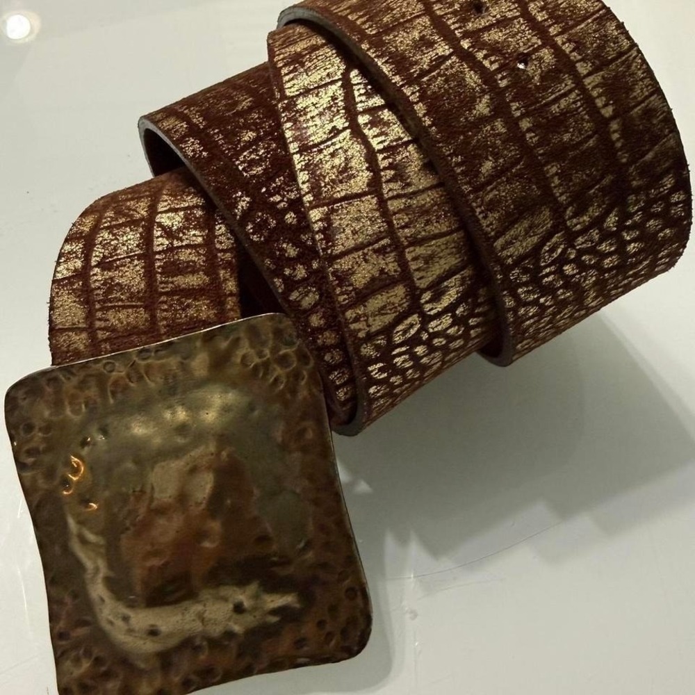 Boho Metallic Croc Embossed Leather Belt Hammered Brass Buckle Size L